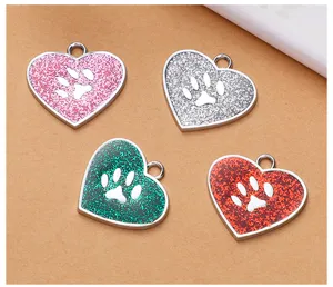 Heart shaped dog pet ID tag metal glitter paw print charm pendant accessories for puppies
