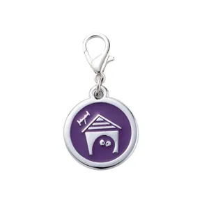 Round pet ID tag pendant for dogs and cats, anti-lost collar accessory in purple enamel.