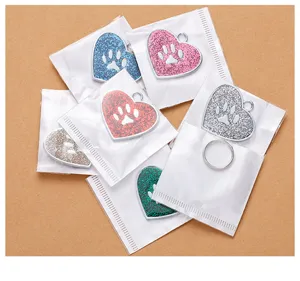 Heart dog pet ID tag glitter paw print metal pendant anti-lost puppy collar accessory