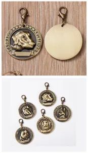 Vintage zinc alloy pet ID tag with embossed dog breed design, anti-lost collar pendant.