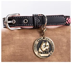 Detailed view of black and pink leather dog collar with antique bronze pitbull metal tag.