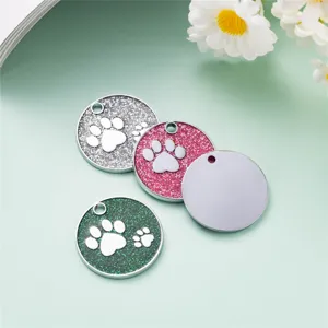 Zinc alloy glitter pet ID tag with engraved paw print for dogs and cats naming.
