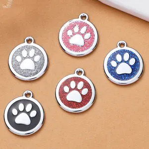 Zinc Alloy Glitter Paw Print Round Dog ID Tag Cute Pet Collar Pendant Metal Cat Tag Accessory Gift