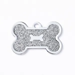 Silver glitter metal bone pet ID tag, anti-lost dog collar pendant, stylish accessory.