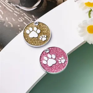 Shiny Zinc Alloy Glitter Pet ID Tag Dog Cat Anti-Loss Round Tag Footprint Pendant.