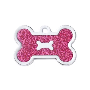 Pink glitter dog bone pet ID tag shiny metal puppy collar pendant anti lost accessory