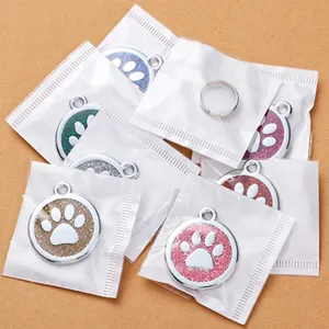 Glitter paw print dog pet ID tags round metal charms for collar accessories multi set