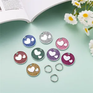 Colorful glitter pet ID tags for dogs and cats with embossed double heart design and split rings.
