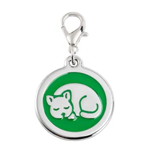 Stainless steel pet ID tag with green enamel sleeping cat design and lobster clasp.