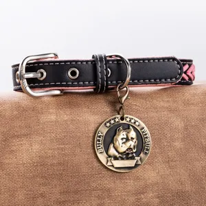 Black leather dog collar with pink lining and antique bronze pitbull metal pendant tag.