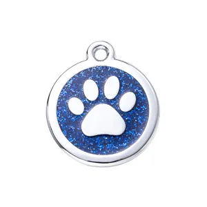 Cute blue glitter paw print round metal pet ID tag for dogs and cats, durable zinc alloy charm.