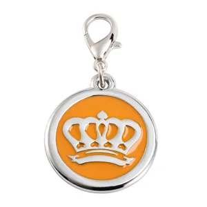 Silver tone metal pet ID tag with orange enamel round pendant and crown design for dogs.