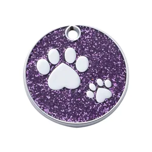 Glitter paw print pet dog ID tag, metal anti-lost pendant for cats and dogs, purple main image.
