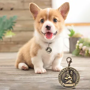 Retro zinc alloy dog tag pet ID pendant, metal German Shepherd embossed badge for collar.