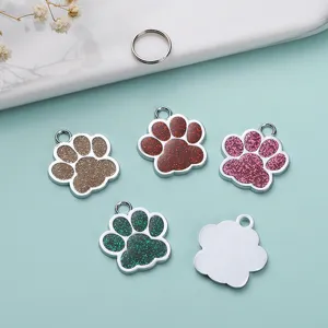 Glitter paw print dog tag zinc alloy pet ID tag with multi-color glitter footprint design.