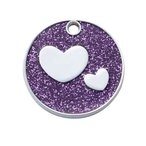 Cute purple glitter heart pet ID tag, durable zinc alloy dog name tag for anti-loss safety.