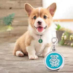 Zinc alloy round pet dog tag with lobster clasp and cute puppy pattern for customized engraving.