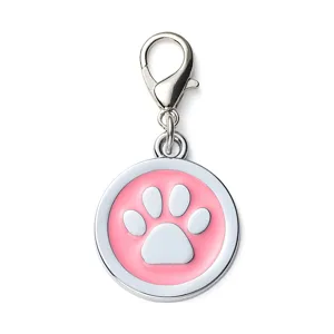 Round pink enamel pet ID tag with silver paw print and lobster clasp for dogs cats
