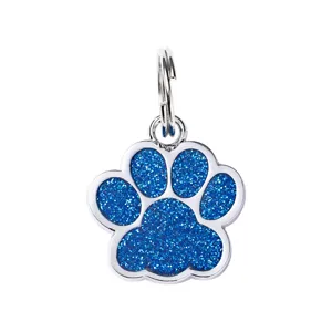 Blue glitter paw print pet ID tag, zinc alloy metal dog tag pendant with jump ring for pets.