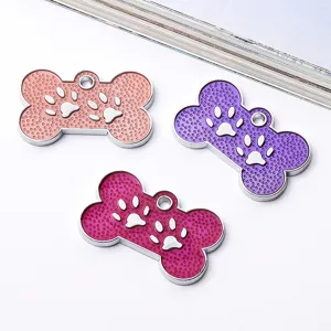 Metal Bone Pet ID Tag Dog Collar Pendant with Paw Print Cute Multi-Color Animal Accessories
