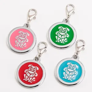 Cute metal dog ID tags with colorful cartoon puppy design, zinc alloy round pet pendant.