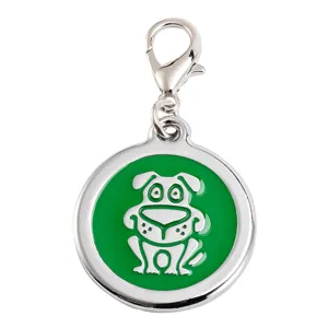 Round metal pet ID tag with green enamel and cute cartoon dog design charm keychain