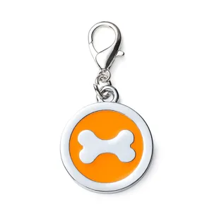 Round metal dog tag pendant with orange enamel bone design and lobster clasp for pets