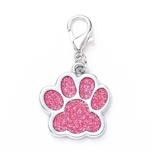 Zinc alloy glitter paw pet tag, cute dog cat anti-lost pendant with lobster clasp, shiny pink.