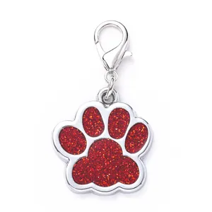 Zinc alloy metal pet ID tag with red glitter paw print design and lobster clasp for dogs.