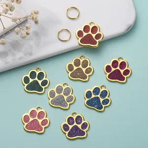 Colorful glitter pet ID tags, zinc alloy dog paw pendants set for pet collars, shiny accessories