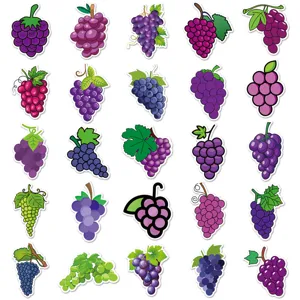 Close-up details of waterproof cartoon grape stickers for DIY phone cases, cups, and luggage.