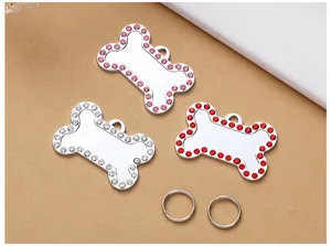 Sparkling rhinestone bone pet tag metal puppy anti-lost pendant shiny collar accessory