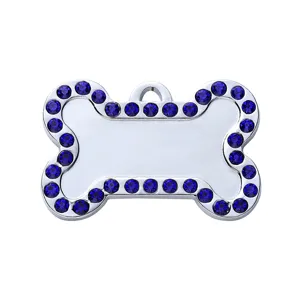 Rhinestone bone-shaped pet ID tag metal dog collar charm anti-lost accessory for puppies cats