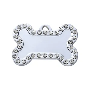 Sparkling rhinestone bone pet ID tag metal dog pendant collar accessory for safety