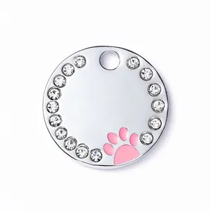 Pendentif rond brillant pour animal de compagnie en métal avec empreinte de patte