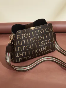 Brown bucket bag women shoulder crossbody bag stylish monogram PU leather casual handbag