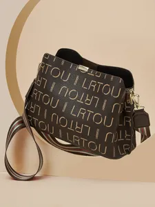 Chic brown bucket shoulder bag for women, stylish commuting crossbody bag with patterned design.