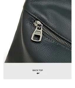 Leather bag metal zipper and premium leather texture detail view showing back top construction.