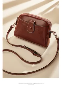 Vintage brown leather crossbody bag with double zipper and front buckle for women daily use