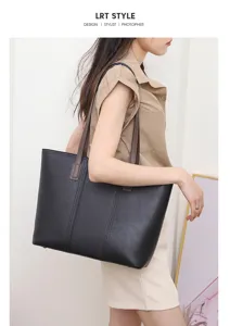 Black genuine leather tote bag for women, large capacity shoulder bag for daily work and commuting.