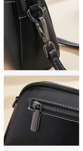Black genuine leather women shoulder crossbody bag detail view stylish daily casual purse
