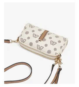Women's monogram crossbody phone bag, PU leather small shoulder bag with double zipper and strap.