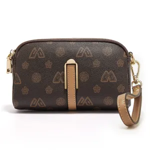 Women crossbody phone bag brown monogram PU leather clutch with wrist strap and gold metal clasp