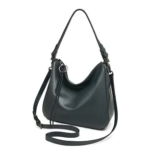 Classic dark grey leather hobo shoulder bag for women, large capacity stylish tote purse.