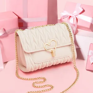 Women Quilted Chain Crossbody Bag Synthetic Leather Small Square Shoulder Purse With Heart Lock Elegant Handbag
