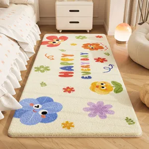 Cute cartoon cashmere bedside rug, warm bedroom long floor mat for home decor and cozy living.