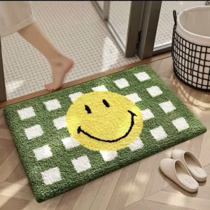 Green white checkered bath mat with yellow smiley face, absorbent and anti-slip.