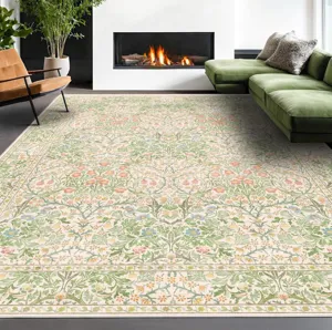 Vintage botanical area rug with bohemian floral pattern, non-slip backing for living room