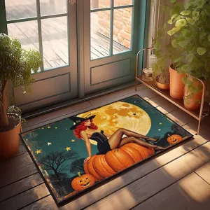Paillasson thématique d'Halloween dans une entrée intérieure, mise en valeur de la décoration festive.