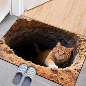 Detailed scene showing the 3D visual cat floor mat placed at the entrance doorway.